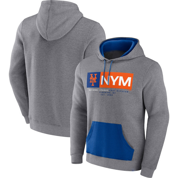 Men's New York Mets Heathered Gray Iconic Steppin Up Fleece Pullover Hoodie - Click Image to Close